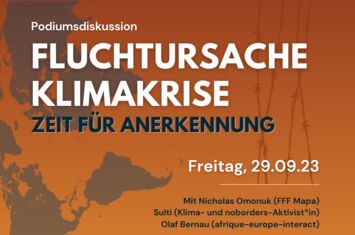 Poster in orange-roten Farben mit dem Titel Fluchtursache Klimakrise