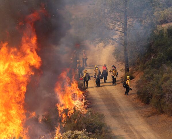 Rettungskräfte bei Löscharbeiten eines Waldbrands aufgrund der Klimaerwärmung