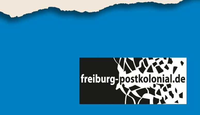 Flyerausschnitt von 10 Jahre freiburg-postkolonial schwarz weiß Logo auf blauem Hintergrund