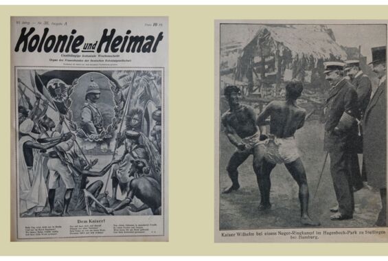 Deckblatt und Foto aus der Zeitschrift Kolonie und Heimat - schwarzweiß Scans mit kolonialrassistischen Motiven