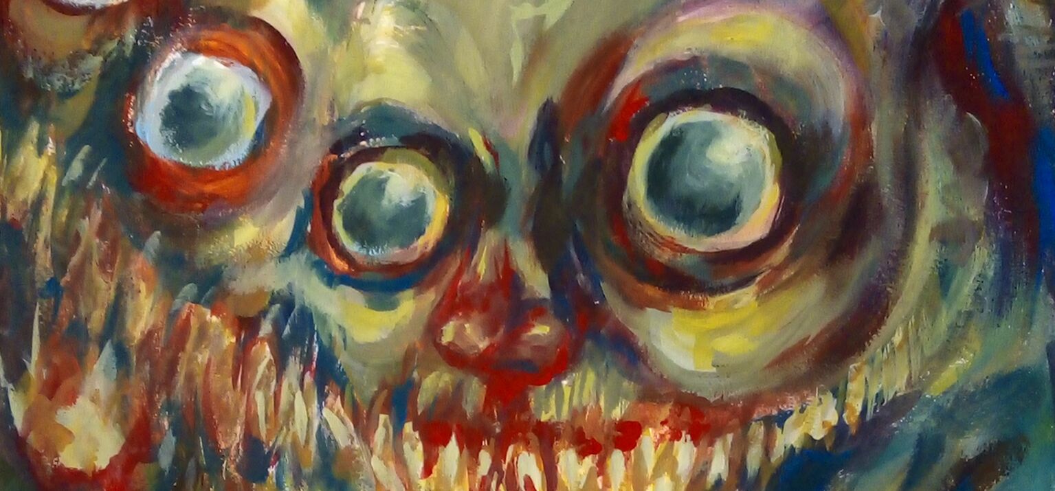 Gemälde von Fratze mit vier Augen und blutigen Zähnen
