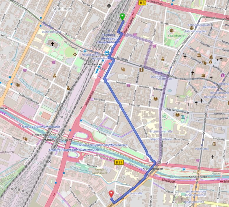 Screenshot Stadtplan vom Hauptbahnhof ins iz3w in der Kronenstraße