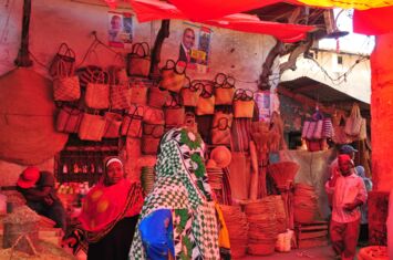 Markthalle mit Handtaschen und Lebensmitteln in der arabischen Altstadt Sansibars, überdacht von Wellblechen und Tüchern