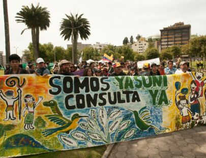 Auf einer Demonstration fordern Menschen hinter einem großen Banner die Durckführung des Referendums zum Yasuni-Nationalpark