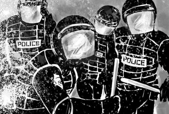 schwarz-weiß Illustration uniformierter Polizei im Einsatz mit Schlagstöcken in den USA