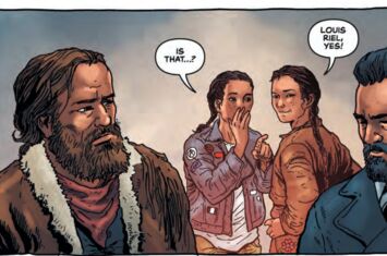 Echo und ihre Freundin Josephine (Bildmitte) treffen Louis Riel - Bildrand. Motiv aus der Graphic-Novel ECHO