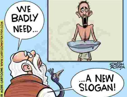 Der Kartoon zeigt Premierminister Modi, der auf ein Bild mit einer hungernden Person blickt. Repräsentiert Armut in Indien