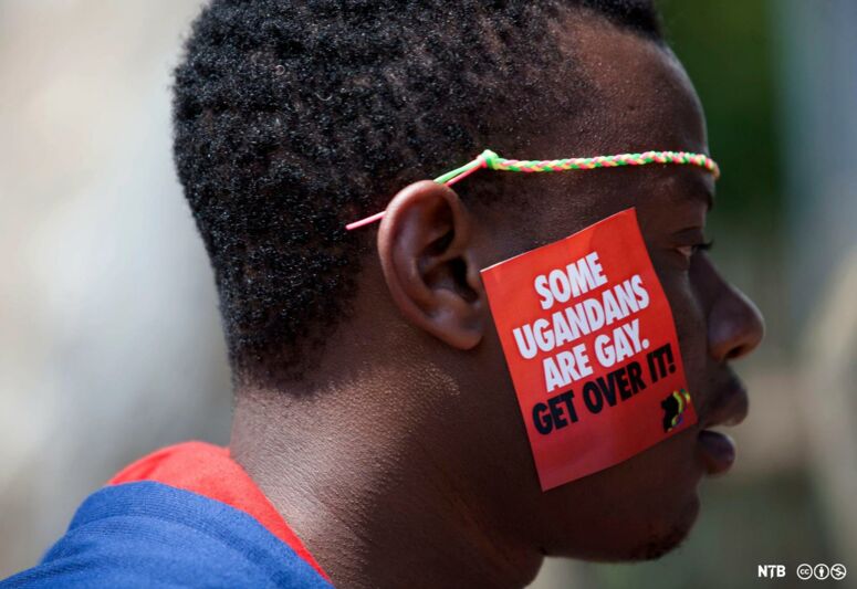 Kopf einer Person auf der Pride mit einem Sticker: Some Angandas are gay. Get over it.