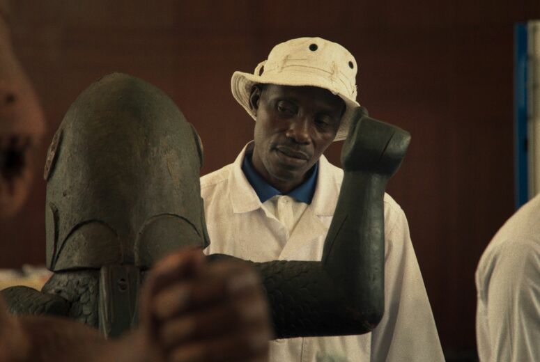 Filmstil aus »Dahomey«, Person betrachtet Kunstwerk
