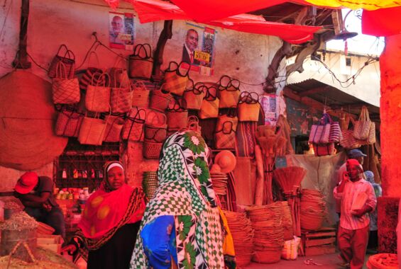 Markthalle mit Handtaschen und Lebensmitteln in der arabischen Altstadt Sansibars, überdacht von Wellblechen und Tüchern