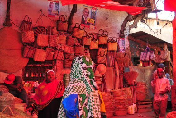 Markthalle mit Handtaschen und Lebensmitteln in der arabischen Altstadt Sansibars, überdacht von Wellblechen und Tüchern