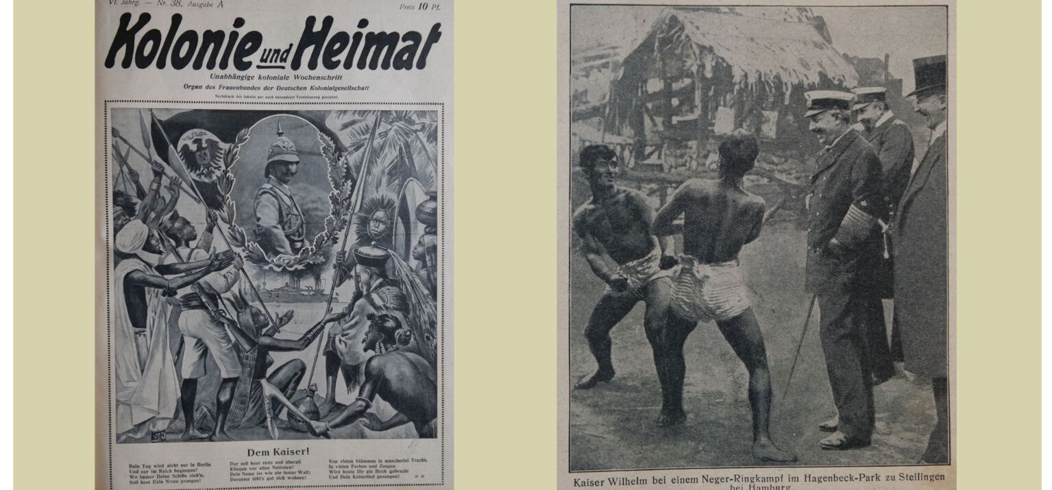Deckblatt und Foto aus der Zeitschrift Kolonie und Heimat - schwarzweiß Scans mit kolonialrassistischen Motiven