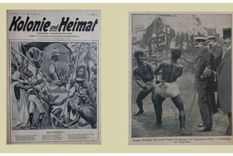 Deckblatt und Foto aus der Zeitschrift Kolonie und Heimat - schwarzweiß Scans mit kolonialrassistischen Motiven