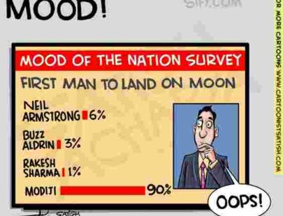 Kartoon zu regierungstreuen Medien: Eine Befragung, wer als erstes auf dem Mond landete, gibt 90 Prozent der Stimmen für Modi an