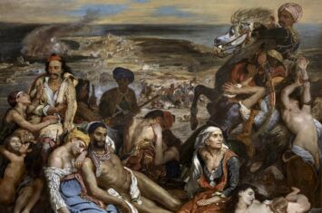 Altes Gemälde von Eugène Delacroix zeigt Osmanischen Herrscher auf Pferd, auf dem Boden liegen Tote und Verletzte.